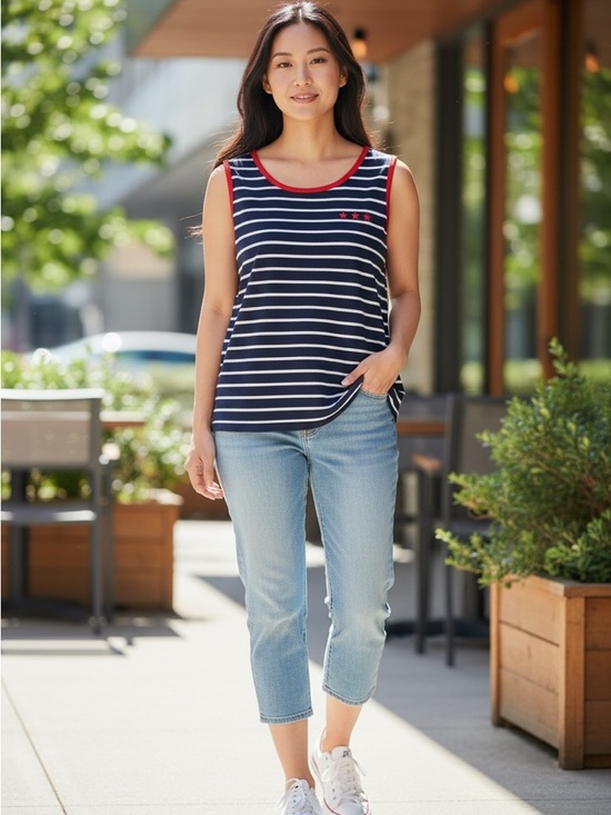 White Stag Tops - White Stag Vintage Navy Stripe Red Star Embroidered Tank Top Sleeveless XL 16-18